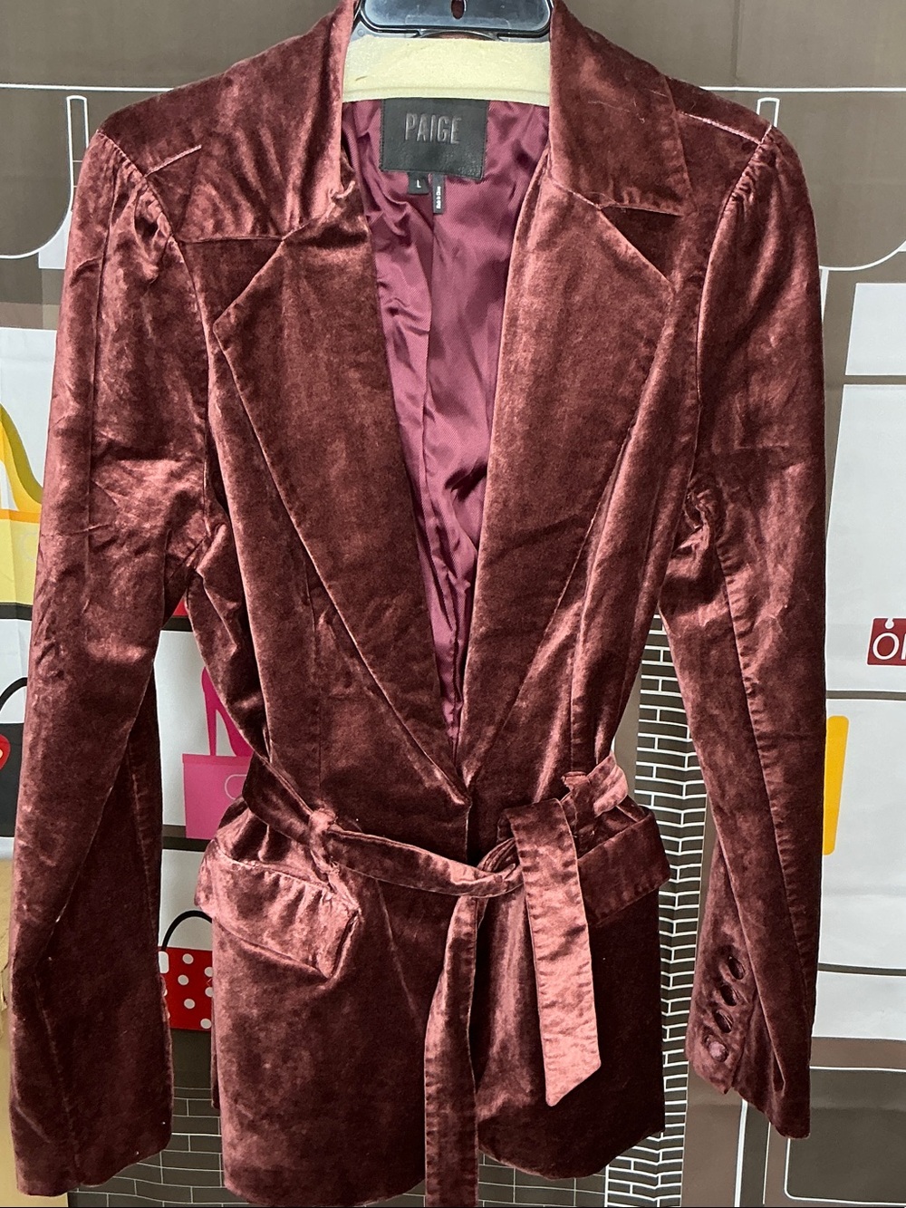 PAIGE Velvet Belted Blazer - Deep Wine Sz Large # 2324